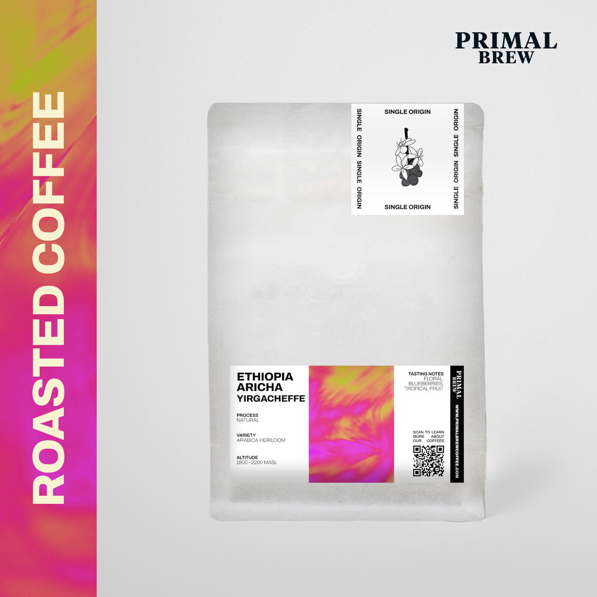 Ethiopia Aricha Yirgacheffe roasted coffee bag hero mockup